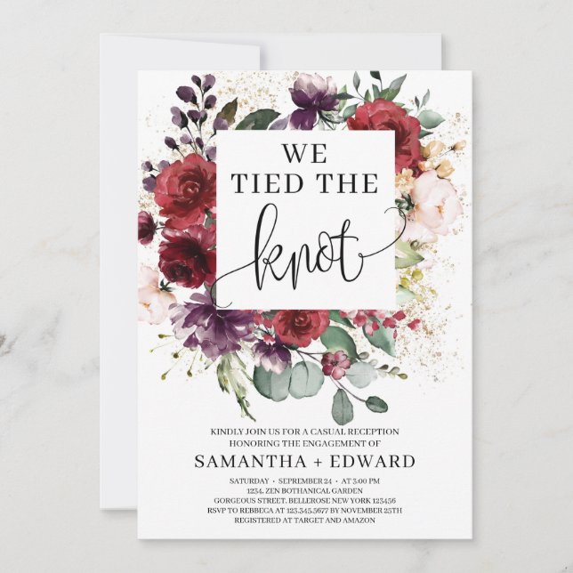 Gorgeous burgundy blush pink floral tied the knot invitation (Front)