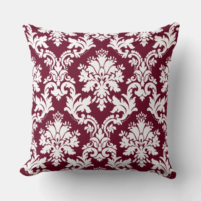 Gorgeous Burgundy Damask Floral Pattern Cushion (Front)