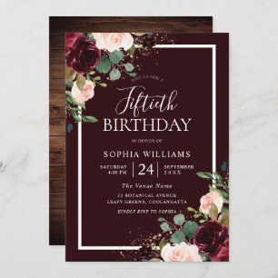 Gorgeous Burgundy Red & Blush Floral 50th Birthday Invitation