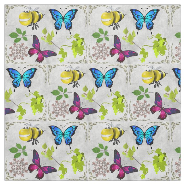 Gorgeous Butterflies Bees Foliage Vivid Pattern Fabric (Swatch)