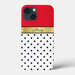 Gorgeous Cherry Red, Gold, White & Black Polka Dot iPhone 13 Mini Case