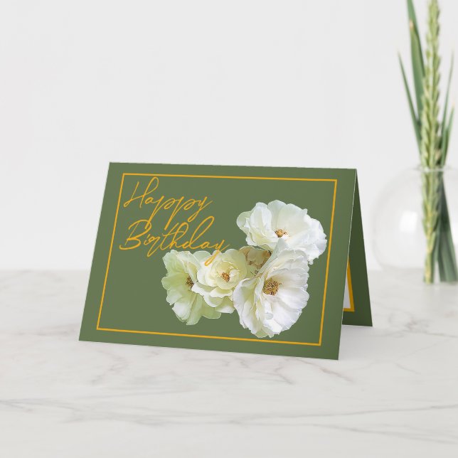 Gorgeous Chic White Rose Floral Bouquet Birthday Card (Front)