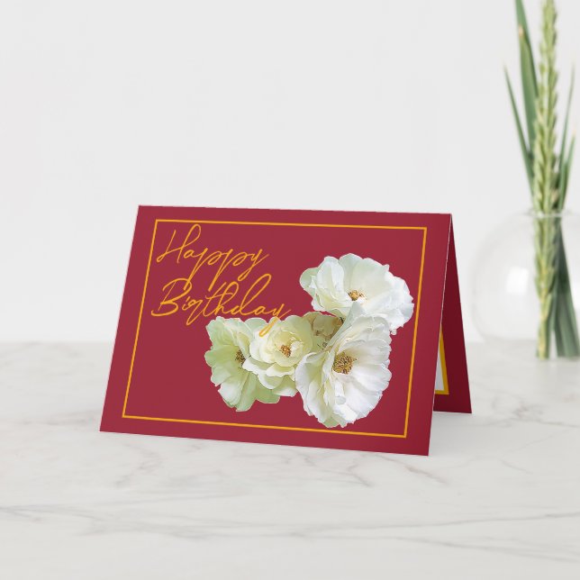 Gorgeous Chic White Rose Floral Bouquet Birthday Card (Front)