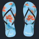 Gorgeous Chinoiserie Orange & Blue Wedding  Thongs<br><div class="desc">It's gorgeous, isn't it? This desirable pair of flip flops features vintage luxury chinoiserie pattern of lotus flowers against the bright blue background, and changeable typography "Just Married". Show off your new Mrs. status with these stunning and comfortable bridal slides! ♥Customise it with your wording by using the template fields....</div>