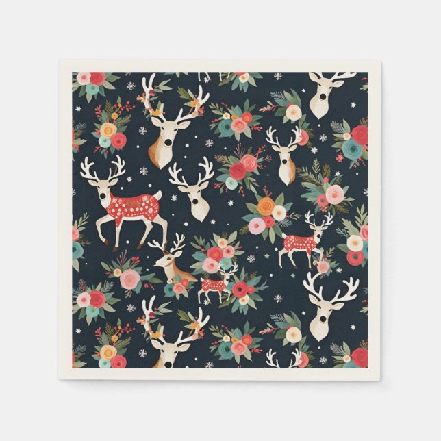Gorgeous Christmas Reindeer Floral Napkin (Front)