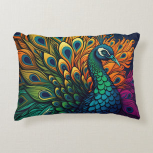 Gorgeous Colorful Peacock, Art Deco Style Decorative Cushion