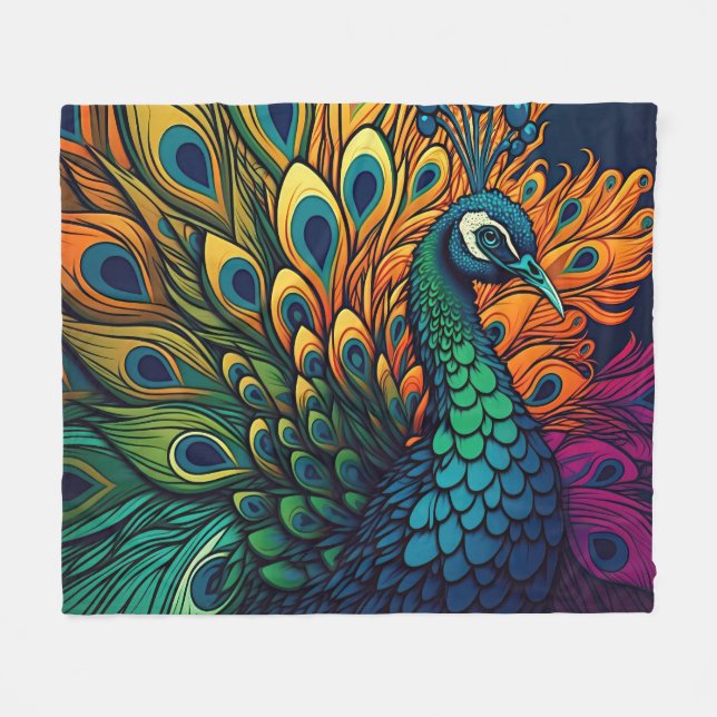 Gorgeous Colorful Peacock, Art Deco Style Fleece Blanket (Front (Horizontal))