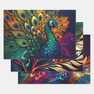 Gorgeous Colorful Peacock, Art Deco Style Wrapping Paper Sheet