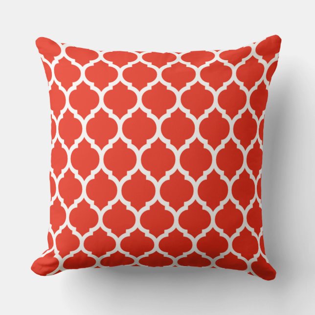 Gorgeous Coral Red Moroccan Quatrefoil Pattern Cushion (Front)