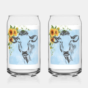 Gorgeous cow and sunflowers on drinking glasses