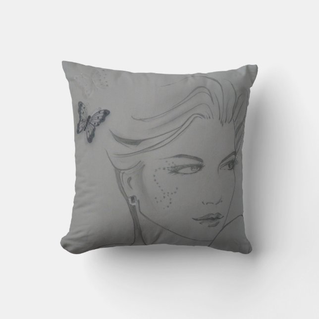 Gorgeous cushion with pencil sketch & butterflies (Front)