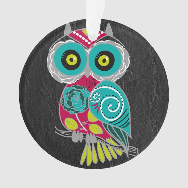Gorgeous Custom Owl on Black Leather Gift Ornament (Front)