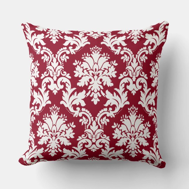 Gorgeous Deep Red Damask Floral Pattern Cushion (Front)