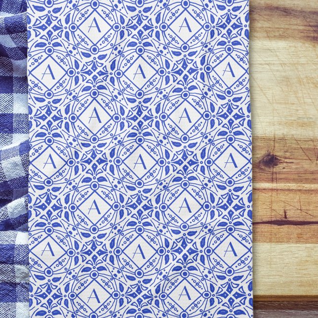 Gorgeous Delft-Blue Monogram Initial Kitchen Tea Towel (Creator Uploaded)