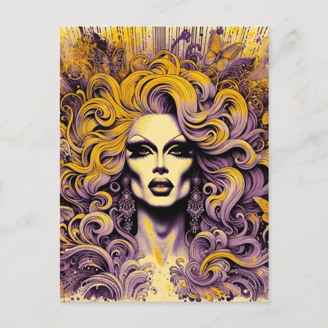 Gorgeous Drag Queen Purple Yellow Butterfly Postcard (Front)