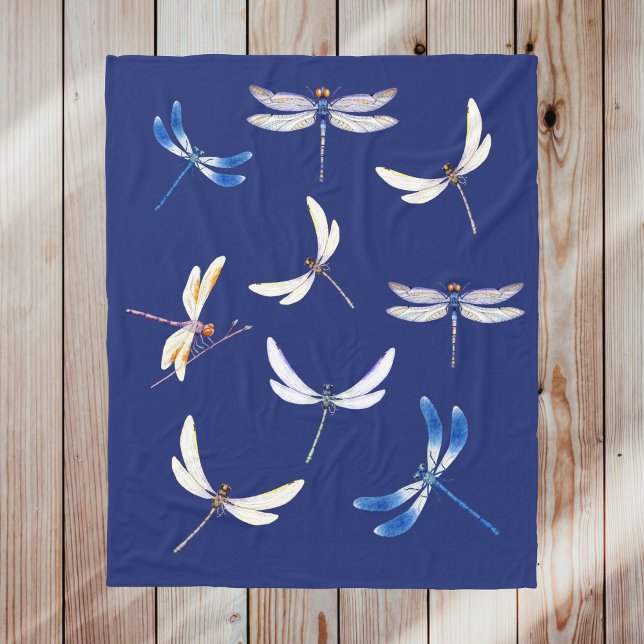 Gorgeous Dragonflies in Flight on Dark Blue Fleece Blanket (Creator Uploaded)