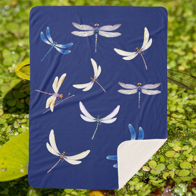 Gorgeous Dragonflies in Flight on Dark Blue Sherpa Blanket (Creator Uploaded)