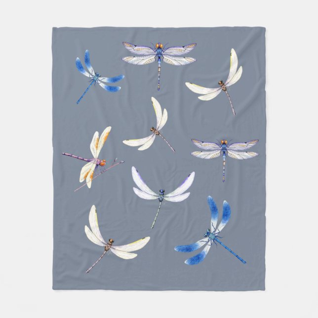 Gorgeous Dragonflies in Flight on Grey Fleece Blanket (Front)