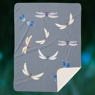 Gorgeous Dragonflies in Flight on Grey Sherpa Blanket