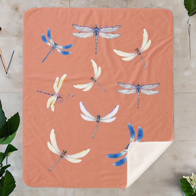 Gorgeous Dragonflies in Flight on Terra Cotta Sherpa Blanket (Creator Uploaded)