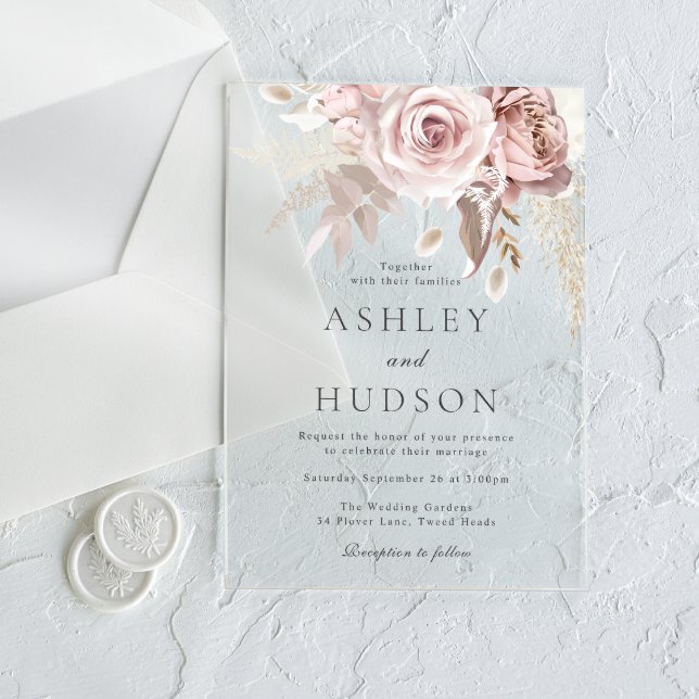 Gorgeous Dusty Rose & Blush Wedding Grey Font Acrylic Invitations (Creator Uploaded)