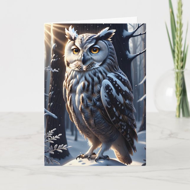Gorgeous Eagle Owl in Snow Amongst the Trees Card (Front)