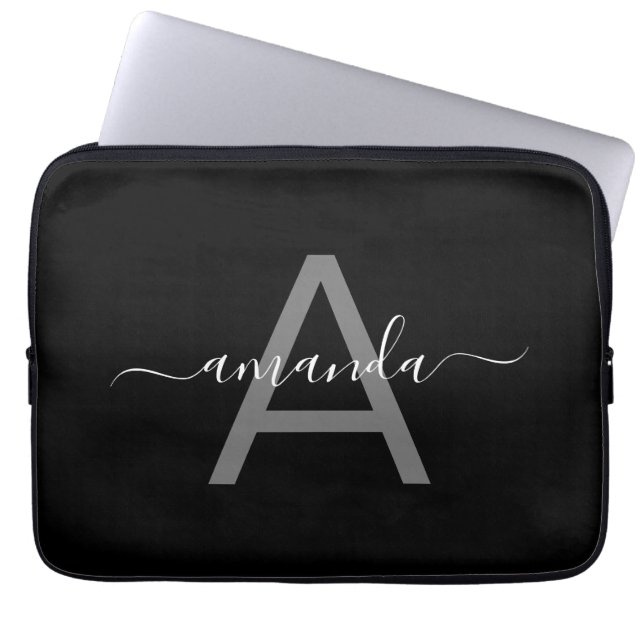 Gorgeous Elegant Add Your Name & Monogrammed Black Laptop Sleeve (Front)