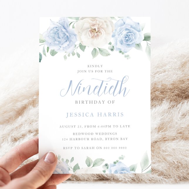 Gorgeous Elegant Blue & White Floral 90th Birthday Invitation (Creator Uploaded)