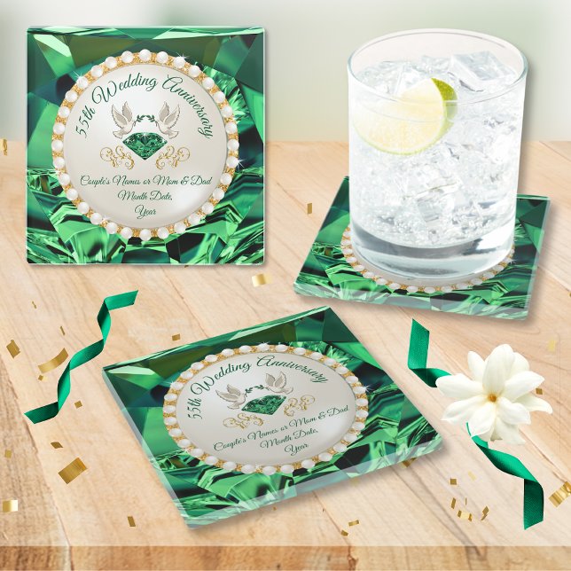 Gorgeous Emerald 55th Wedding Anniversary Gifts Glass Coaster (Inexpensive, 55 year anniversary gifts. 55th wedding anniversary party ideas. Keepsakes for Guests.)