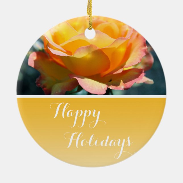 Gorgeous fancy yellow rose Happy holidays Ceramic Ornament (Back)