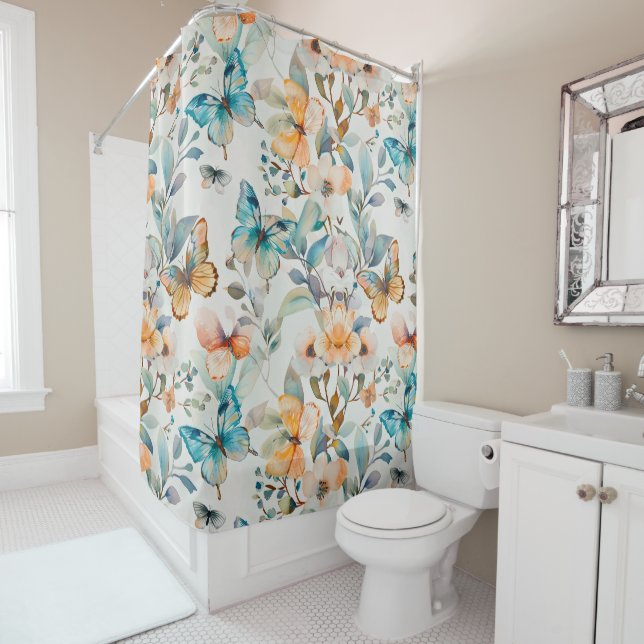 Gorgeous Floral Teal Orange Butterfly Shower Curtain (In Situ)
