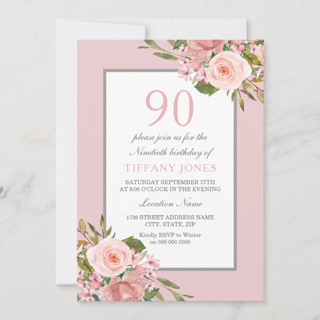 Gorgeous Flowers Womans 90th Birthday Party Invite (Front)