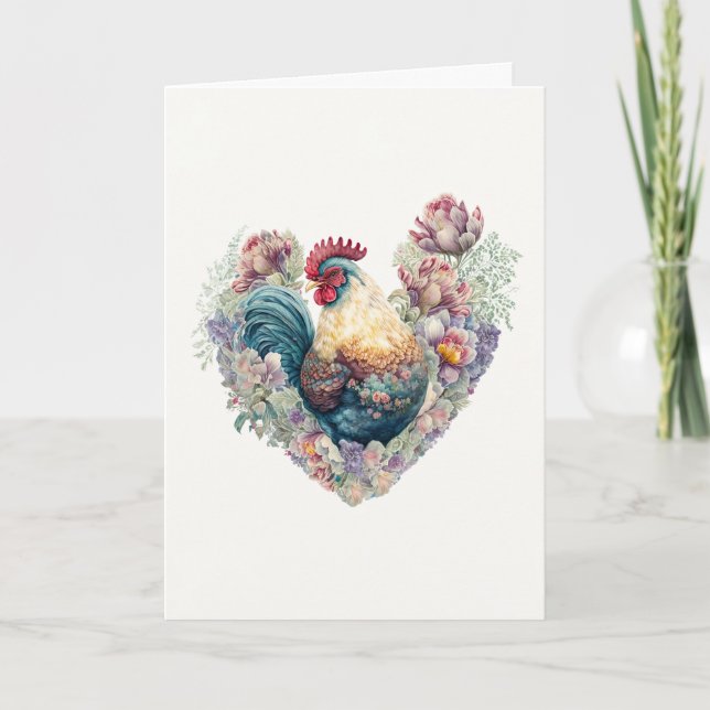 Gorgeous Flowery Rooster for Valentine's Day Holiday Card (Front)