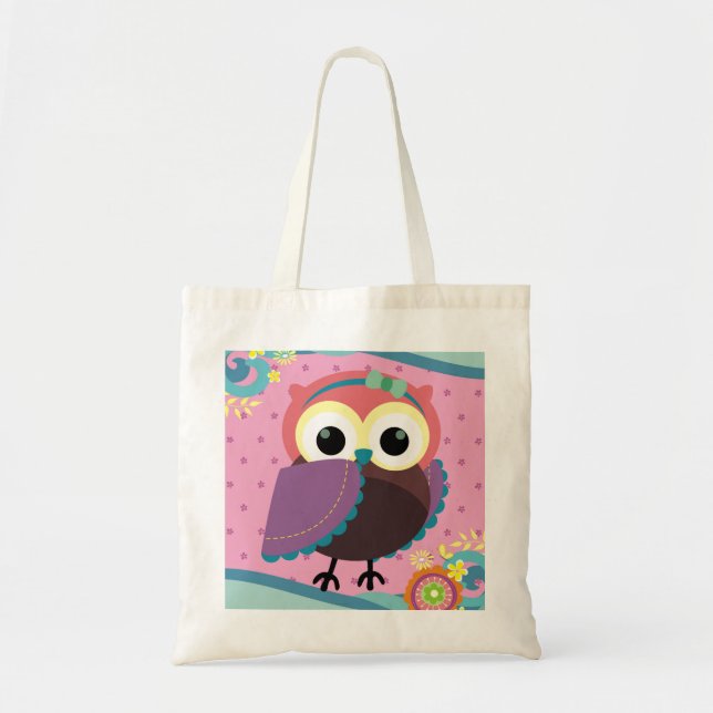 Gorgeous Folk Art Owl with Flowers Tote Bag (Front)