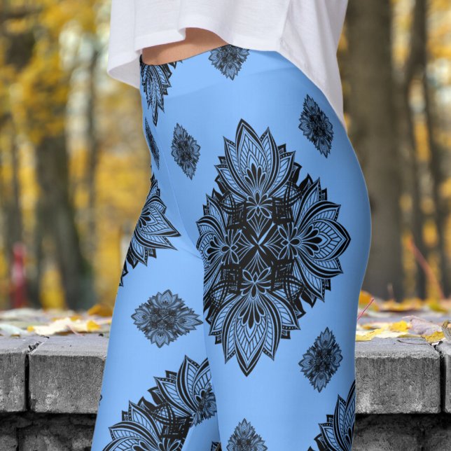 Gorgeous French Blue Mandela Pattern Leggings (Mandela on French Sky Blue )