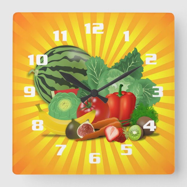 Gorgeous Fruit and Vegetable Kitchen Square Wall Clock (Front)