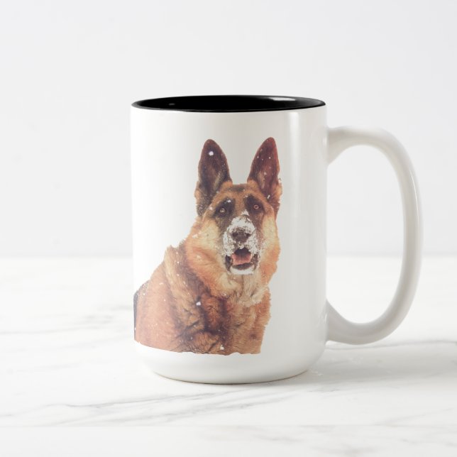 Gorgeous German Shepherd in the Snow Two-Tone Coffee Mug (Right)