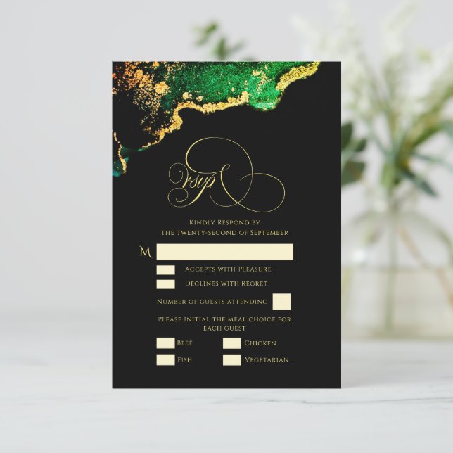 Gorgeous Gold Bronze Green Gold Wedding RSVP Card (Standing Front)