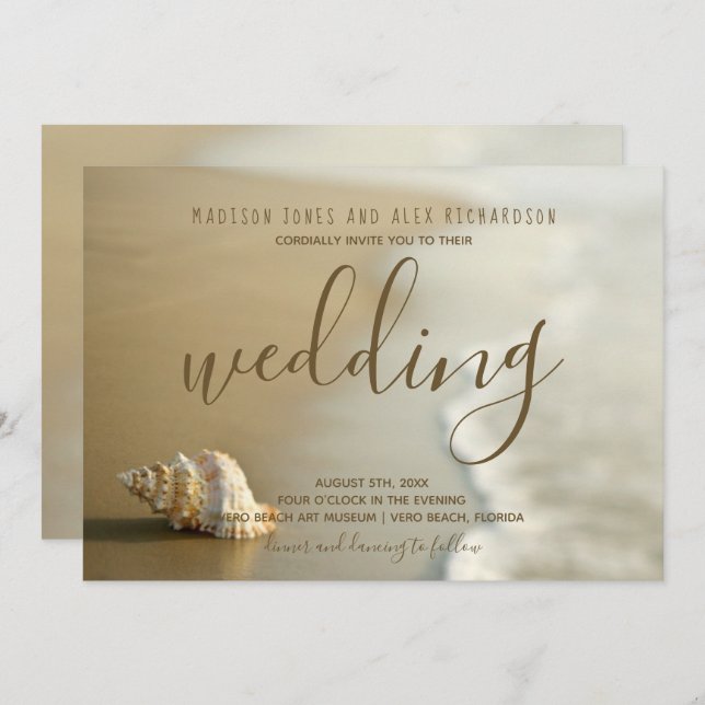 Gorgeous Gold Seashell Beach Wedding Invitation (Front/Back)