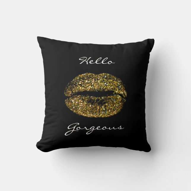 Gorgeous Golden Glitter Black White Kiss Lips Cushion (Front)