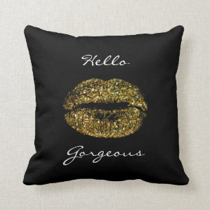 Gorgeous Golden Glitter Black White Kiss Lips Cushion