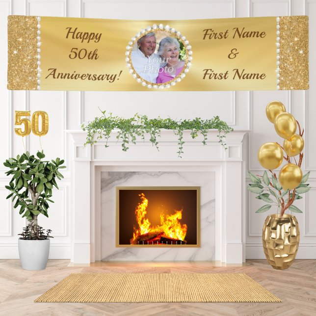 Gorgeous Golden, Happy 50th Anniversary Banner (Large Personalized 50th Wedding Anniversary Banner. Golden Anniversary Decorations for Parents. )