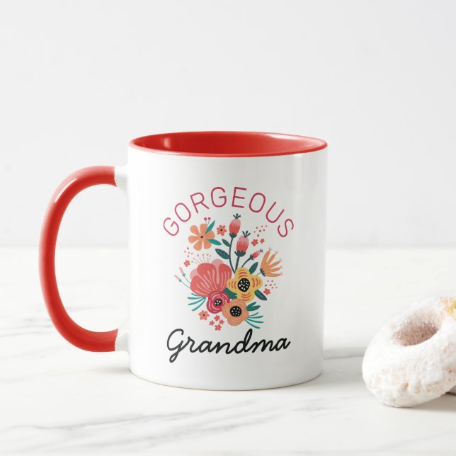 Gorgeous Grandma Retro Floral Flower Personalise Mug (With Donut)