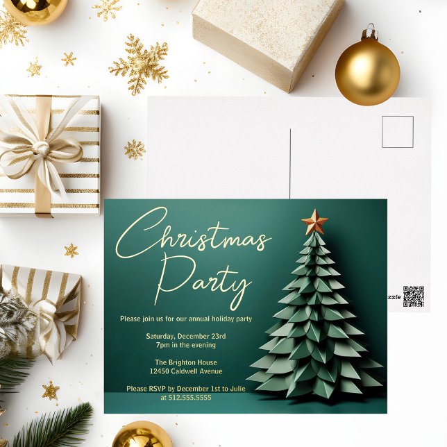 Gorgeous Green Christmas Party Artistic Tree Gold Foil Invitation Postcard (Creator Uploaded)