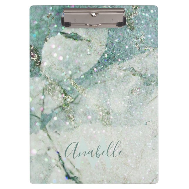 Gorgeous Green Marble and Glitter Monogrammed Clipboard (Front)