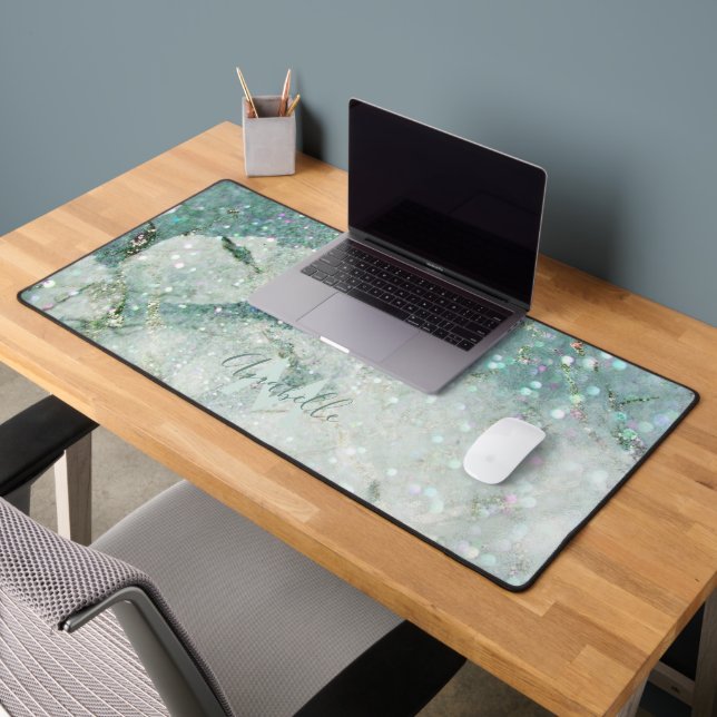 Gorgeous Green Marble and Glitter Monogrammed Desk Mat (Office 2)