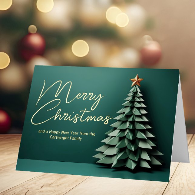 Gorgeous Green Merry Christmas Tree Folded Gold Foil Holiday Card (Creator Uploaded)