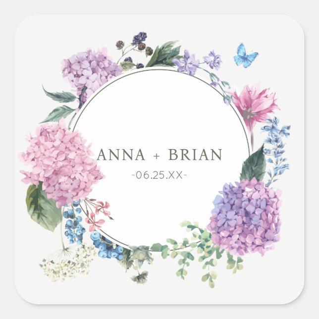 Gorgeous Hand-painted Hydrangea Floral Wedding Square Sticker (Front)