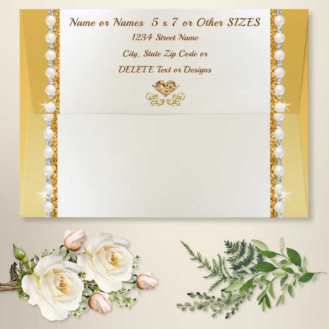 Gorgeous, Ivory and Gold 5x7 Envelopes, Envelope (Gold 5x7 envelopes for any occasion. Gold wedding envelopes. Birthday invitation envelopes. Ivory.)