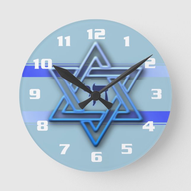 Gorgeous Jewish Star of David Blue and White Round Clock (Front)